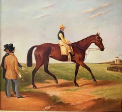 Fine Classic British Sporting Art Oil Painting - Racehorse with Jockey & Trainer