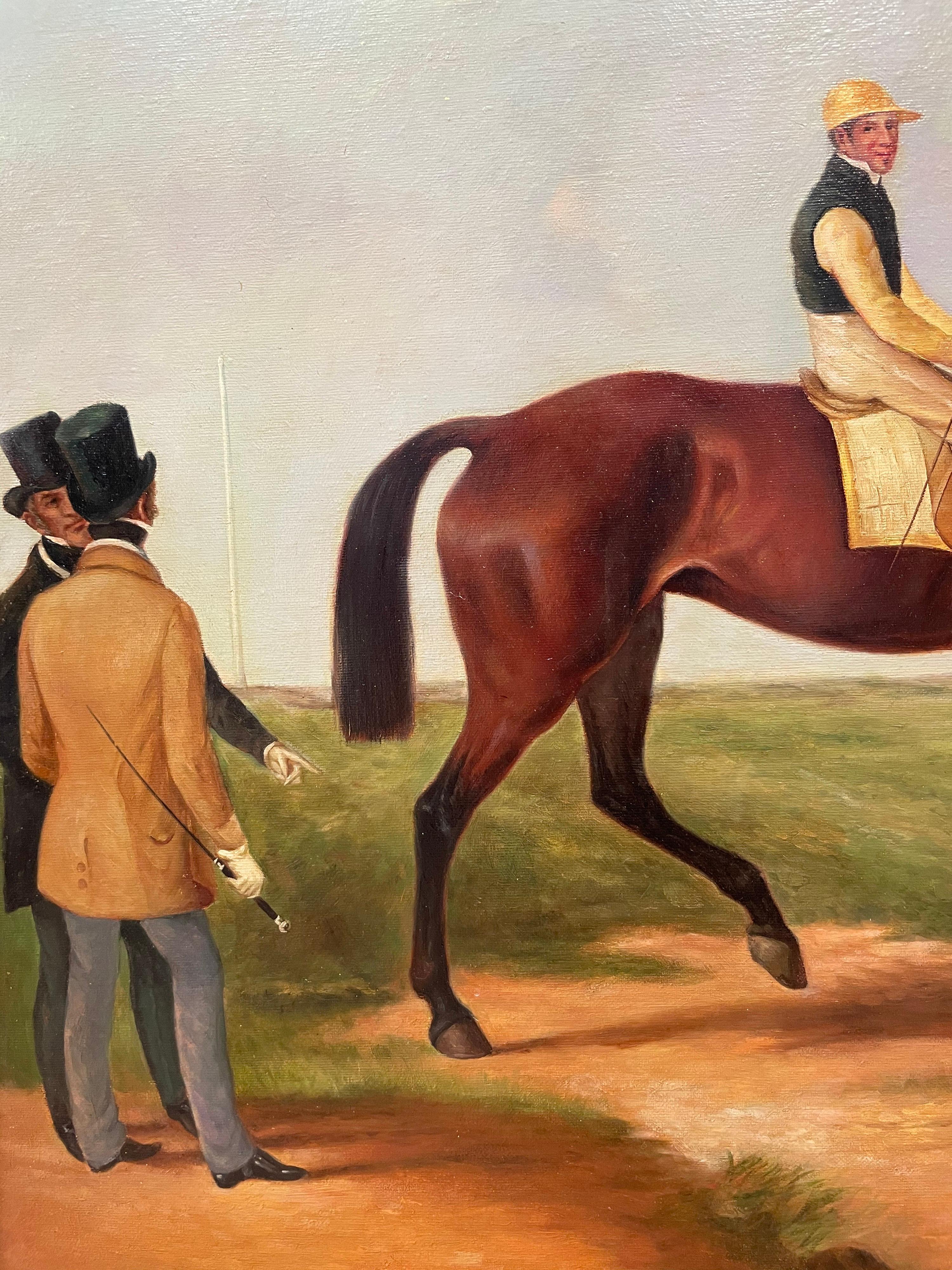 Fine Classic British Sporting Art Oil Painting - Racehorse with Jockey & Trainer 1