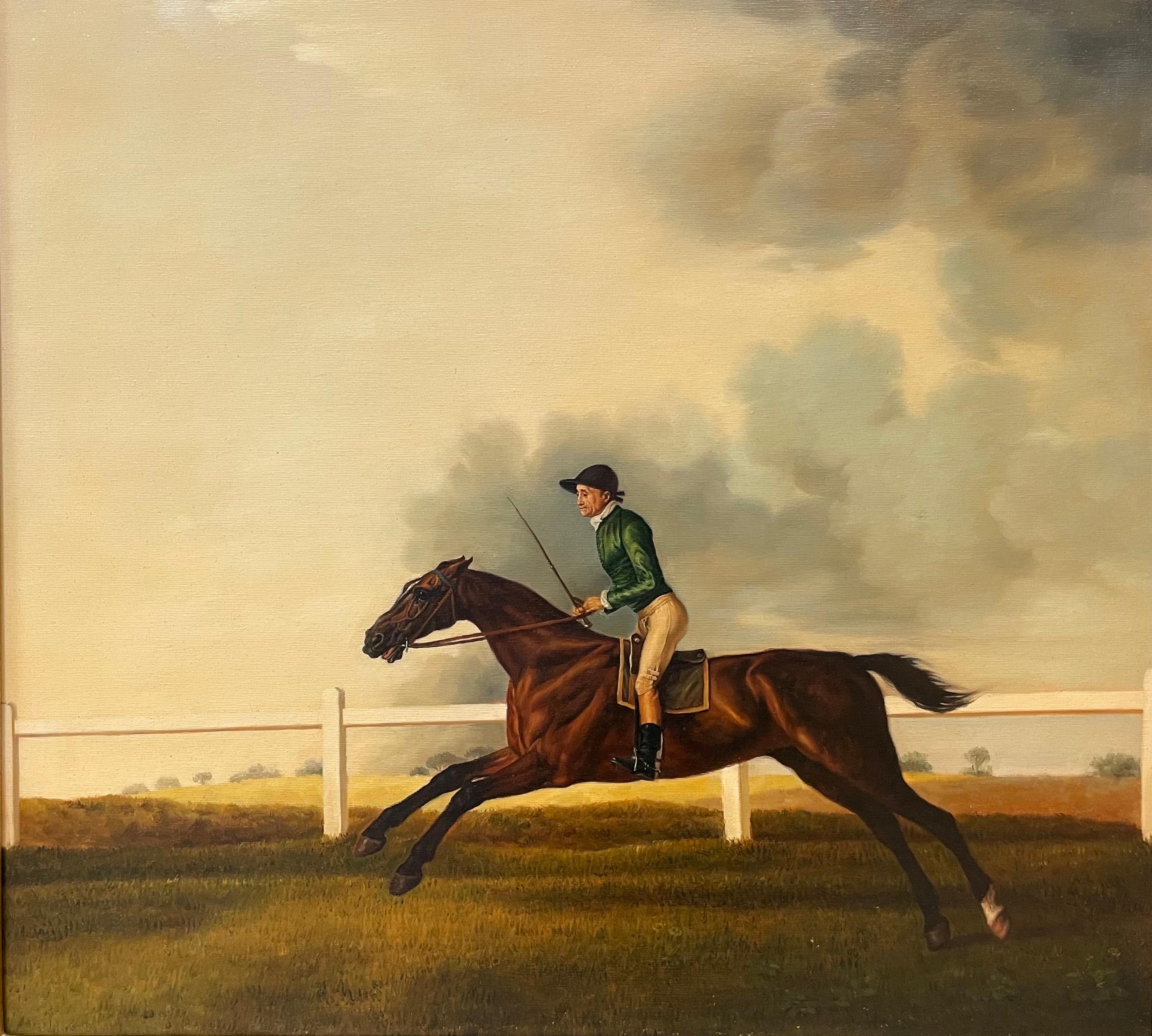 Unknown Figurative Painting - Fine Classic British Sporting Art Oil Painting - Racehorse with Jockey Galloping