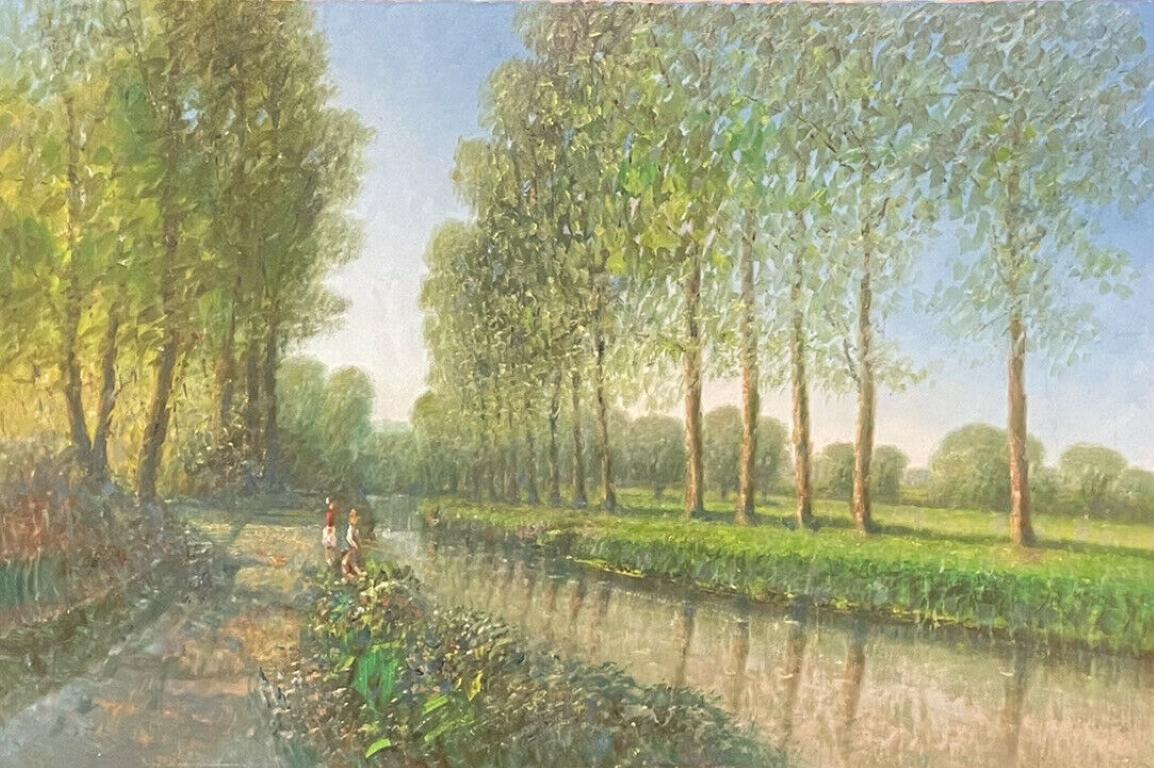 L. Ritter Figurative Painting - LARGE FRENCH IMPRESSIONIST SIGNED OIL - POPLAR TREES RIVERBANK WITH FIGURES