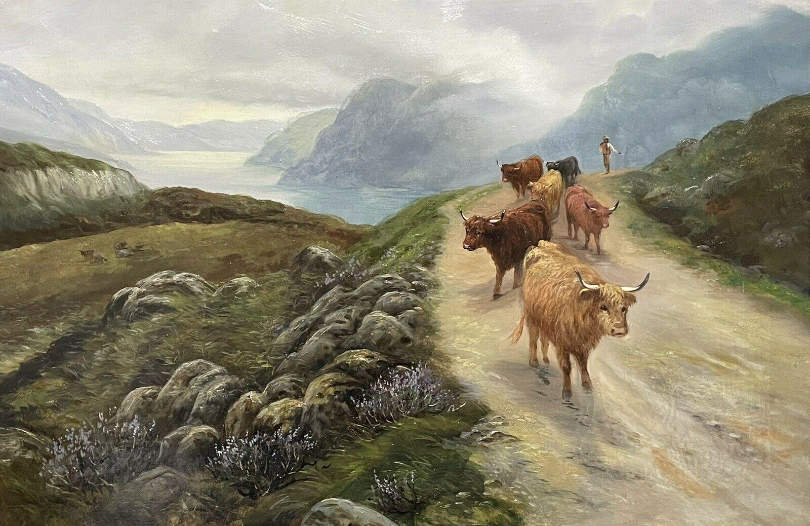 Scottish School Animal Painting - ANTIQUE SCOTTISH OIL PAINTING - CATTLE WALKING THE MOUNTAIN PATH - LOCH LONG