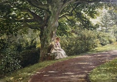 19th CENTURY FRENCH IMPRESSIONIST OIL - ELEGANT LADY SEATED ON PARK BENCH