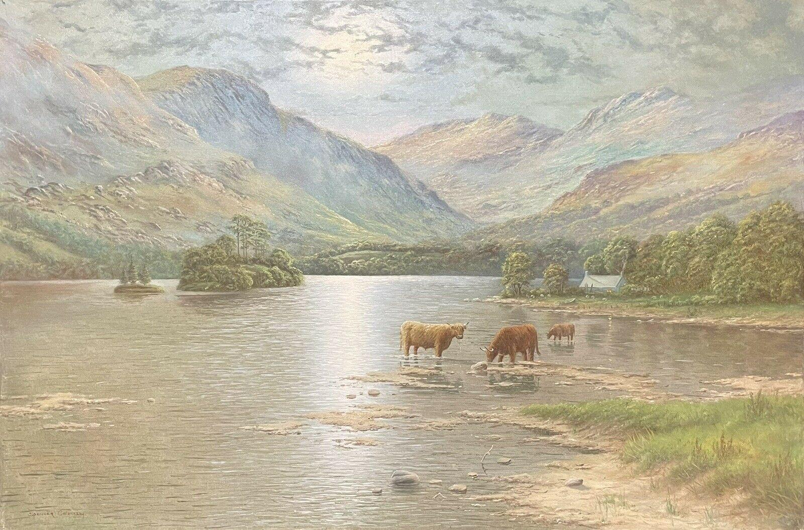 Spencer Coleman Landscape Painting - Scottish Highlands Loch Scene with Cattle Watering Fading Sunset Light - Signed