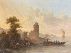 18th/19th C. SIGNED EUROPEAN OIL PAINTING ON CANVAS - MERCHANT PORT AT SUNSET