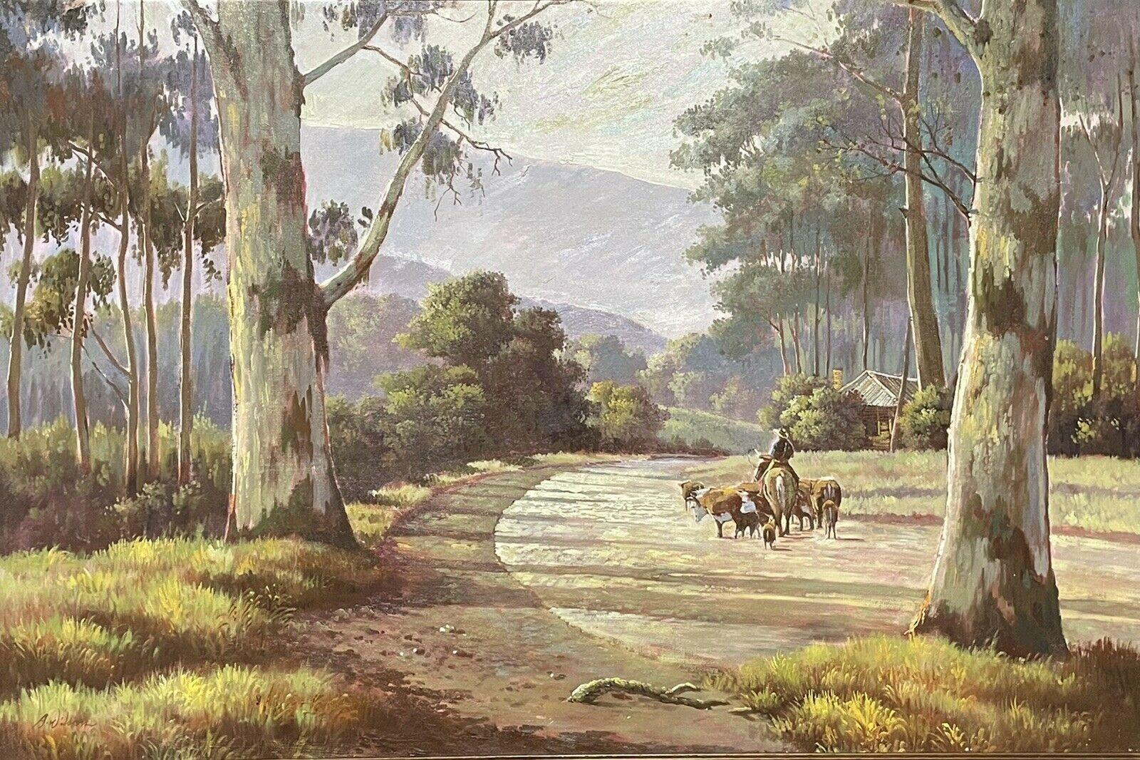 American artist Landscape Painting - LARGE AMERICAN SIGNED OIL PAINTING - CATTLE HERDER ON HORSEBACK WIDE LANDSCAPE