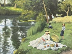 Vintage LARGE DUTCH 20TH CENTURY IMPRESSIONIST SIGNED OIL - FAMILY PICNIC BY THE RIVER