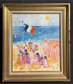 French Post-Impressionist signed oil - Colourful Beach Scene figures & beach