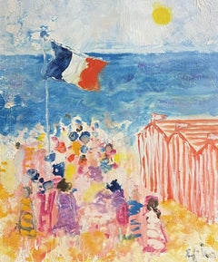 Vintage French Post-Impressionist signed oil - Colourful Beach Scene figures & beach