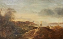 Early 1800’s Dutch Oil Painting - Coastal Landscape Figures Boats & Animals 