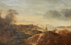 Early 1800’s Dutch Oil Painting - Coastal Landscape Figures Boats & Animals