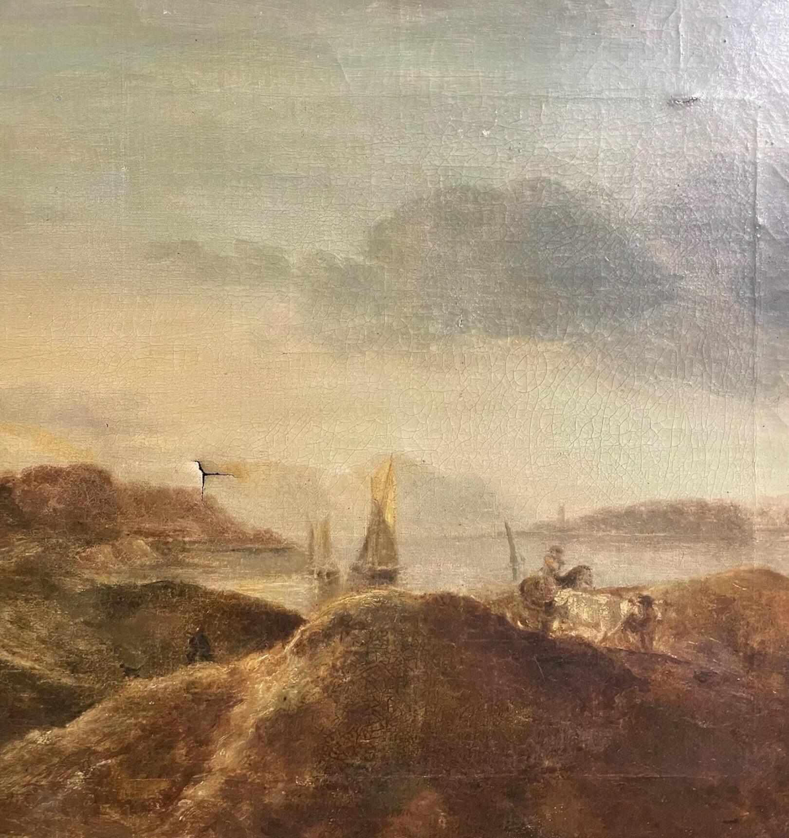 Early 1800’s Dutch Oil Painting - Coastal Landscape Figures Boats & Animals  - Brown Figurative Painting by Dutch School