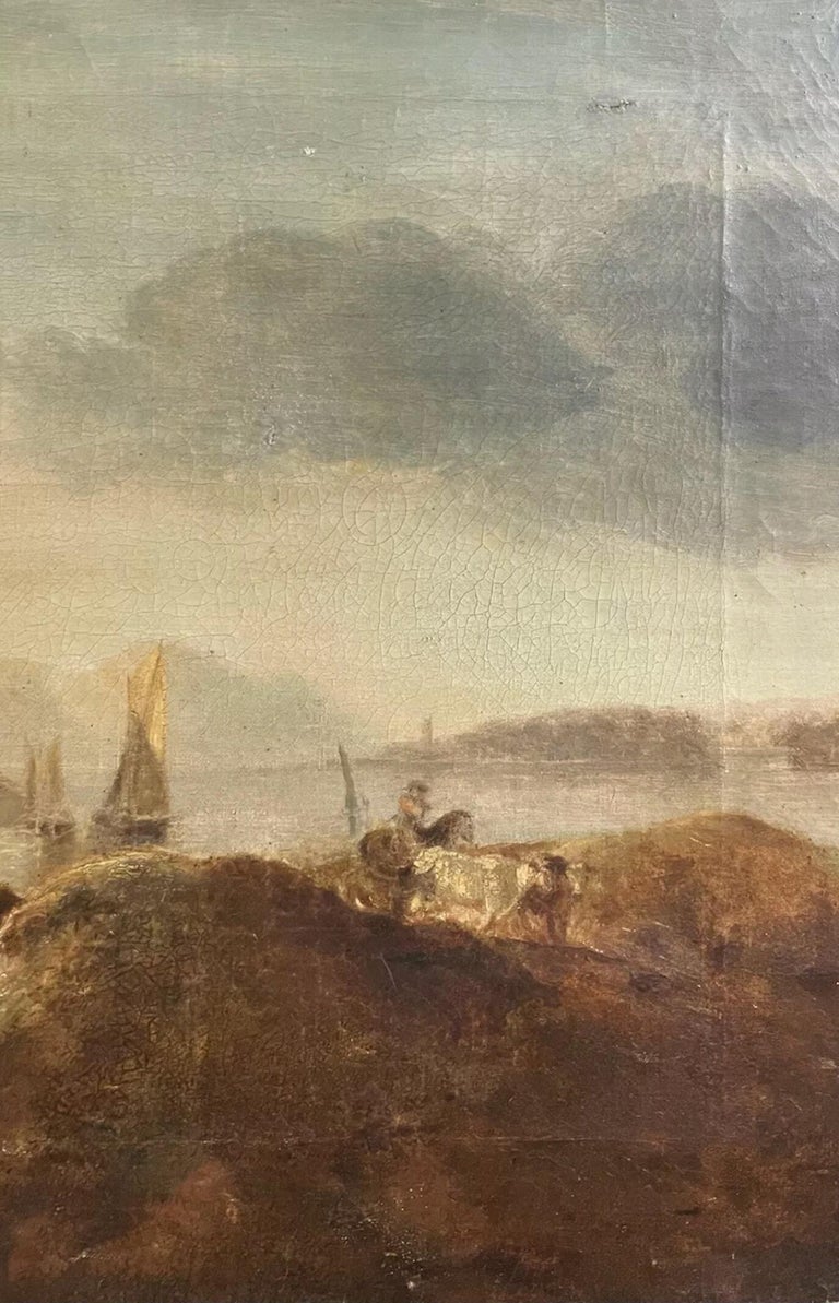 Early 1800’s Dutch Oil Painting - Coastal Landscape Figures Boats & Animals  3