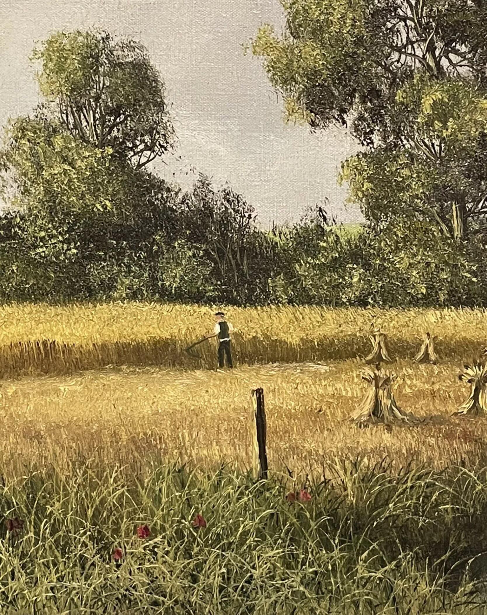 Large Vintage English Signed Oil Painting Harvest Scene In Fields - R.Hamer - Beige Figurative Painting by Royce Hamer