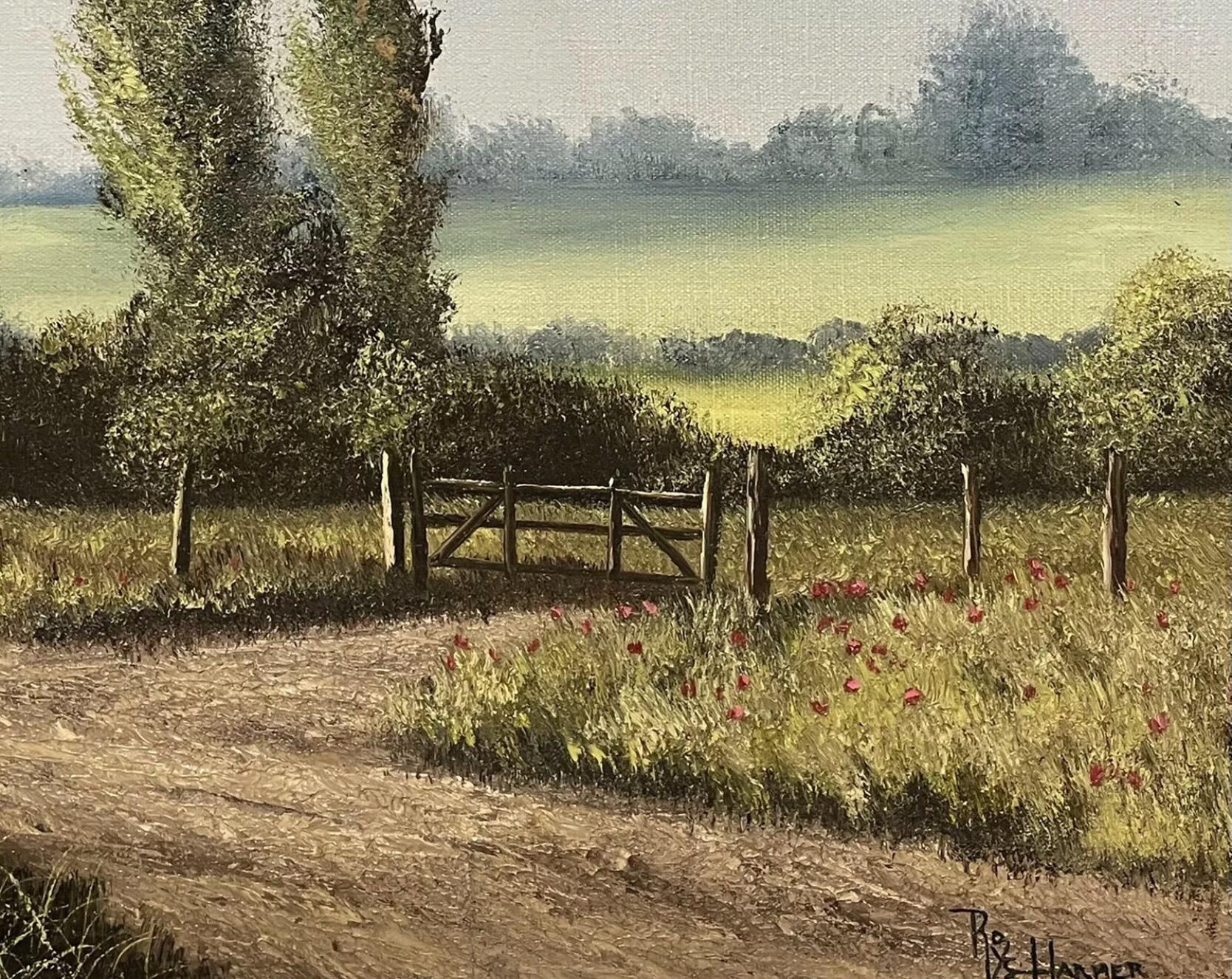 Large Vintage English Signed Oil Painting Harvest Scene In Fields - R.Hamer For Sale 1