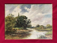 Fine Edwardian Signed Oil Painting - Country River Landscape Picnic Figures