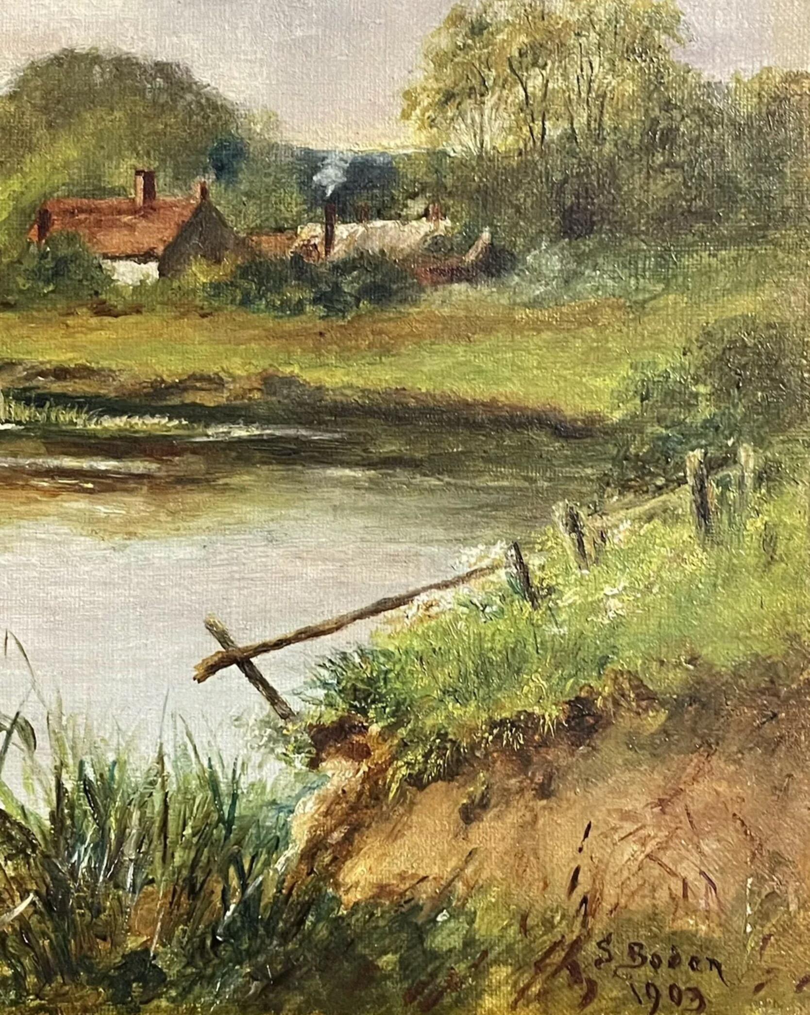 Fine Edwardian Signed Oil Painting - Country River Landscape Picnic Figures - Beige Figurative Painting by English signed
