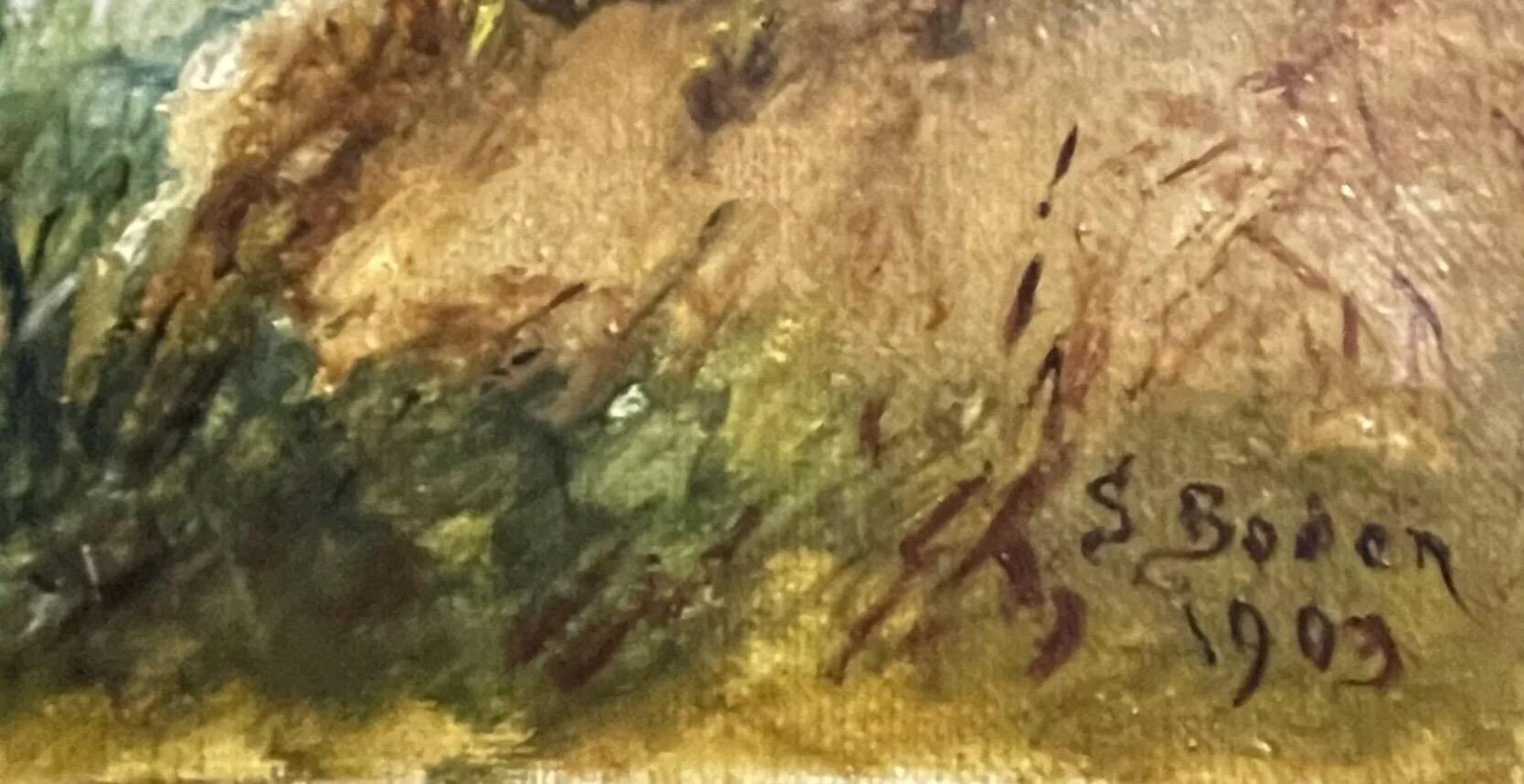 Belle peinture à l'huile édouardienne signée - Figurines de pique-nique de paysage de rivière en vente 2
