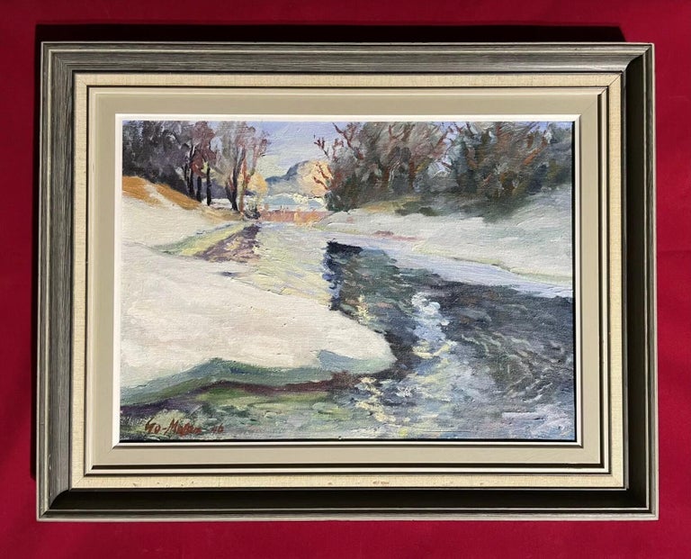 1940s Swedish Signed Oil Painting - Winter Snow River Landscape - Framed - Gray Landscape Painting by Swedish signed