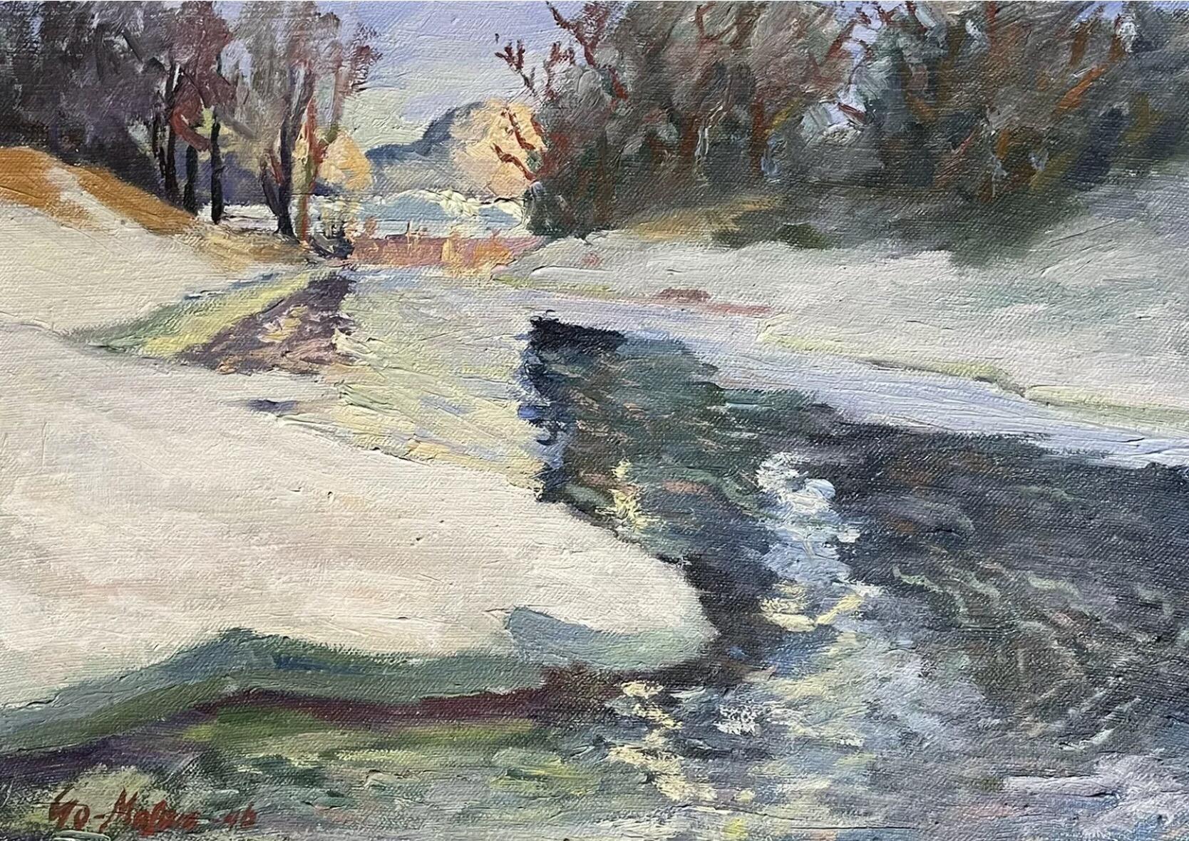 Swedish signed Landscape Painting - 1940s Swedish Signed Oil Painting - Winter Snow River Landscape - Framed