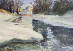 Vintage 1940s Swedish Signed Oil Painting - Winter Snow River Landscape - Framed