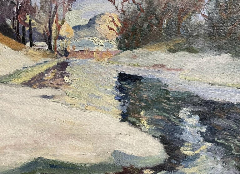 1940s Swedish Signed Oil Painting - Winter Snow River Landscape - Framed For Sale 1