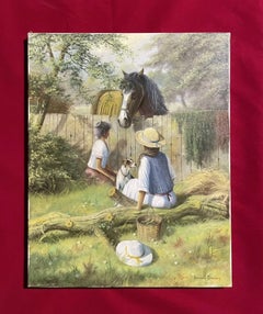 Signed English Oil Painting Children Feeding Horse With Terrier Dog Lovely image