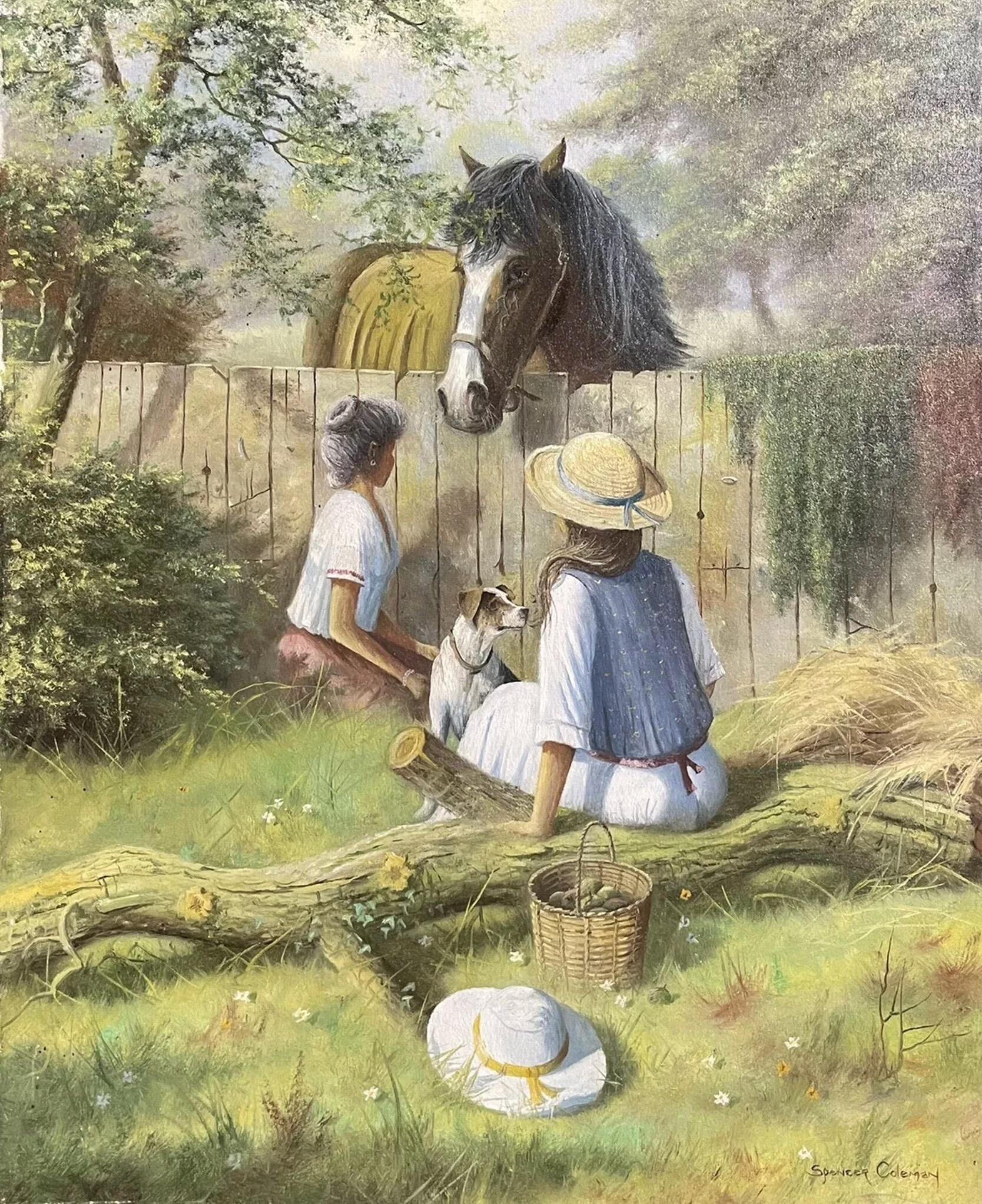 Signed English Oil Painting Children Feeding Horse With Terrier Dog Lovely image
