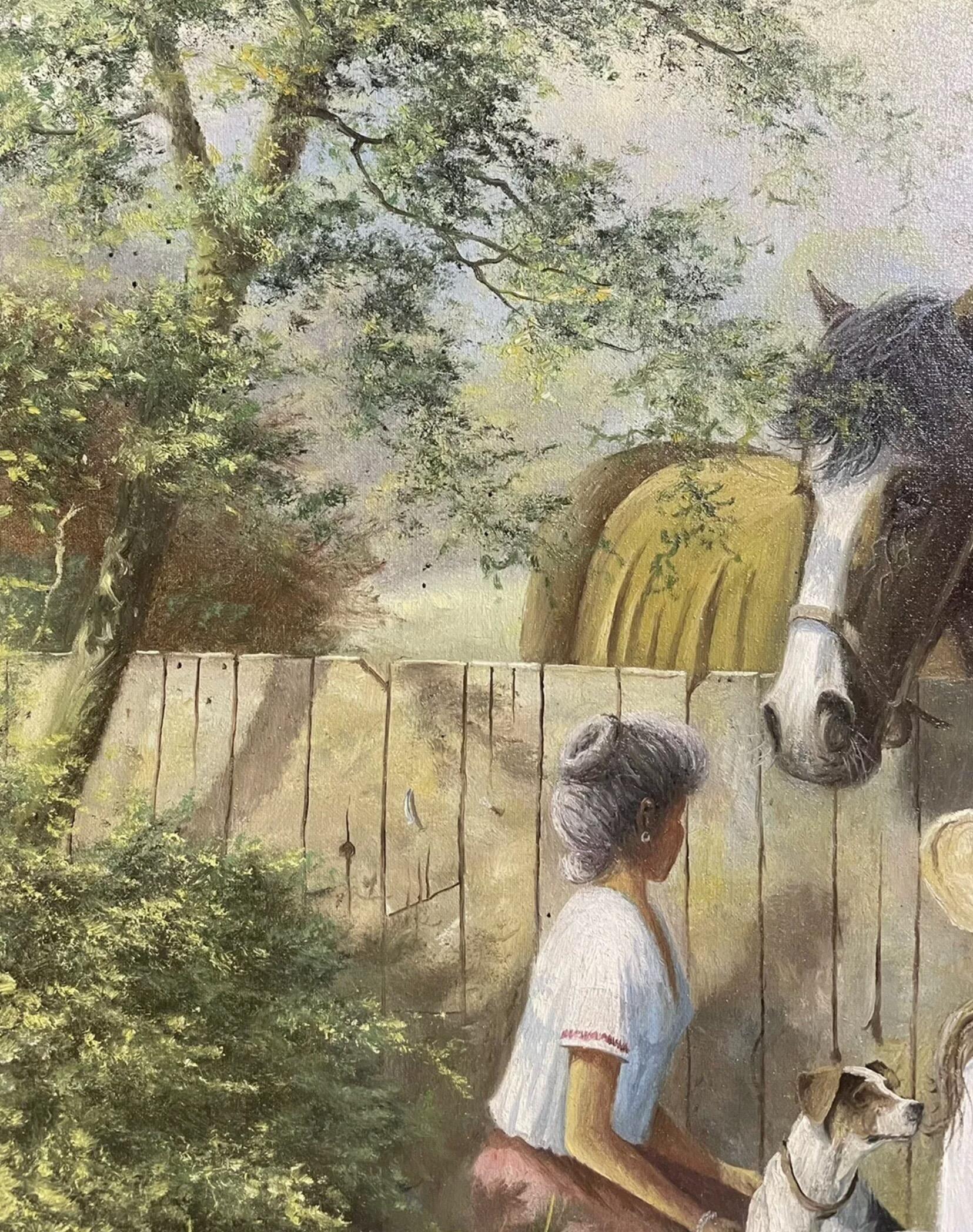 Signed English Oil Painting Children Feeding Horse With Terrier Dog Lovely image - Brown Figurative Painting by Martin Spencer Coleman