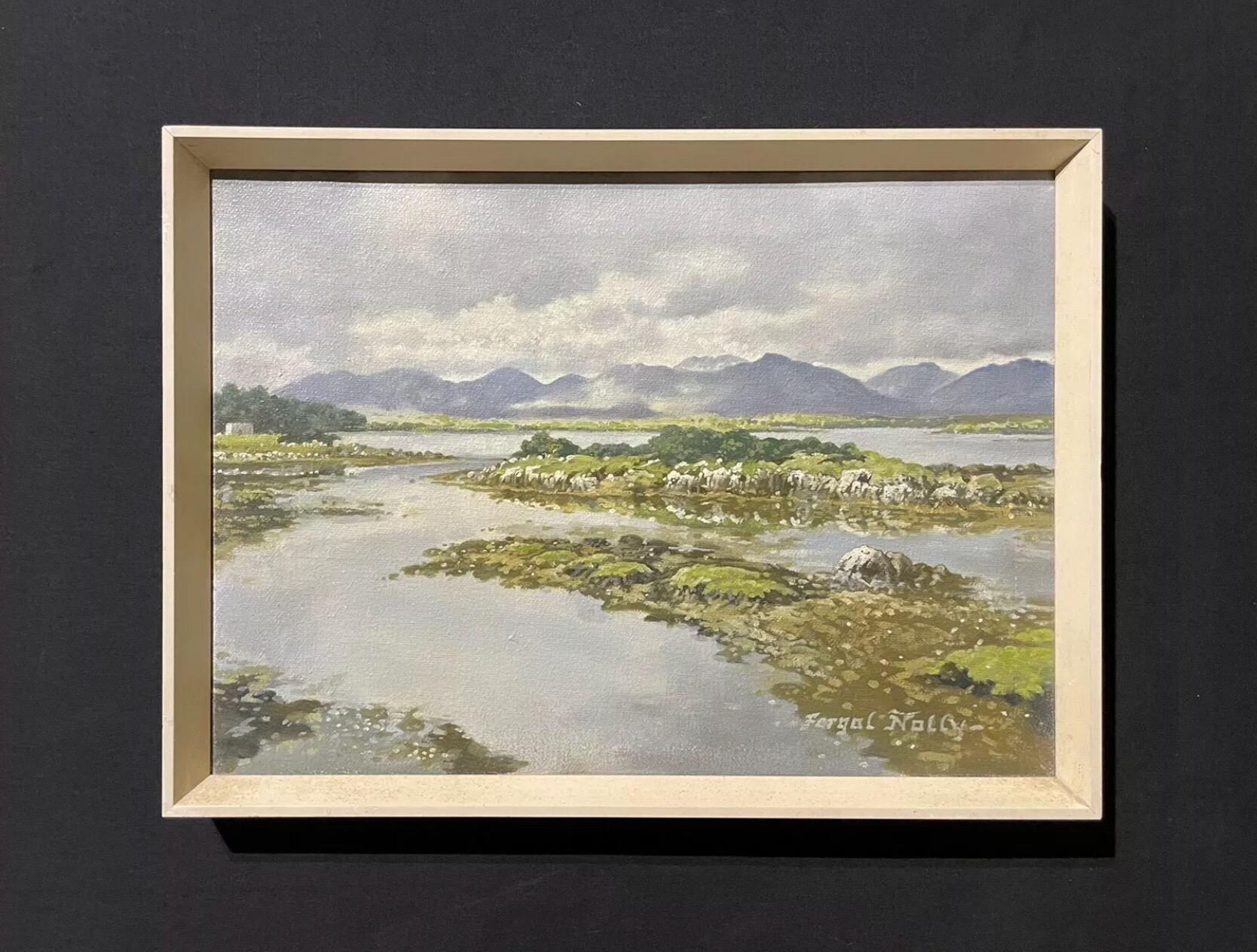 Signed Irish Oil Painting - Boggy Irish Lough Landscape Distant Mountain Range - Gray Landscape Painting by Unknown