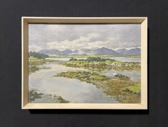 Signed Irish Oil Painting - Boggy Irish Lough Landscape Distant Mountain Range