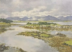 Peinture à l'huile irlandaise signée - Boggy Irish Lough Landscape Distant Mountain Range