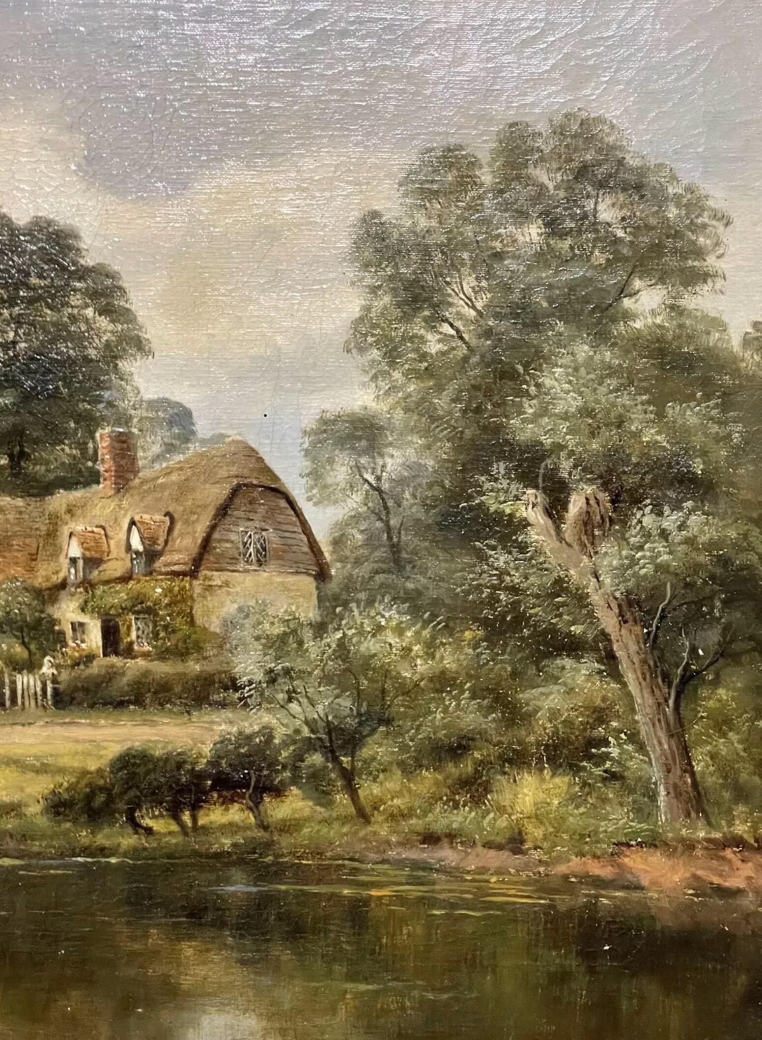Antique English Oil Painting - children in country rural cottage Meadow & Pond - Brown Landscape Painting by H. Johnston