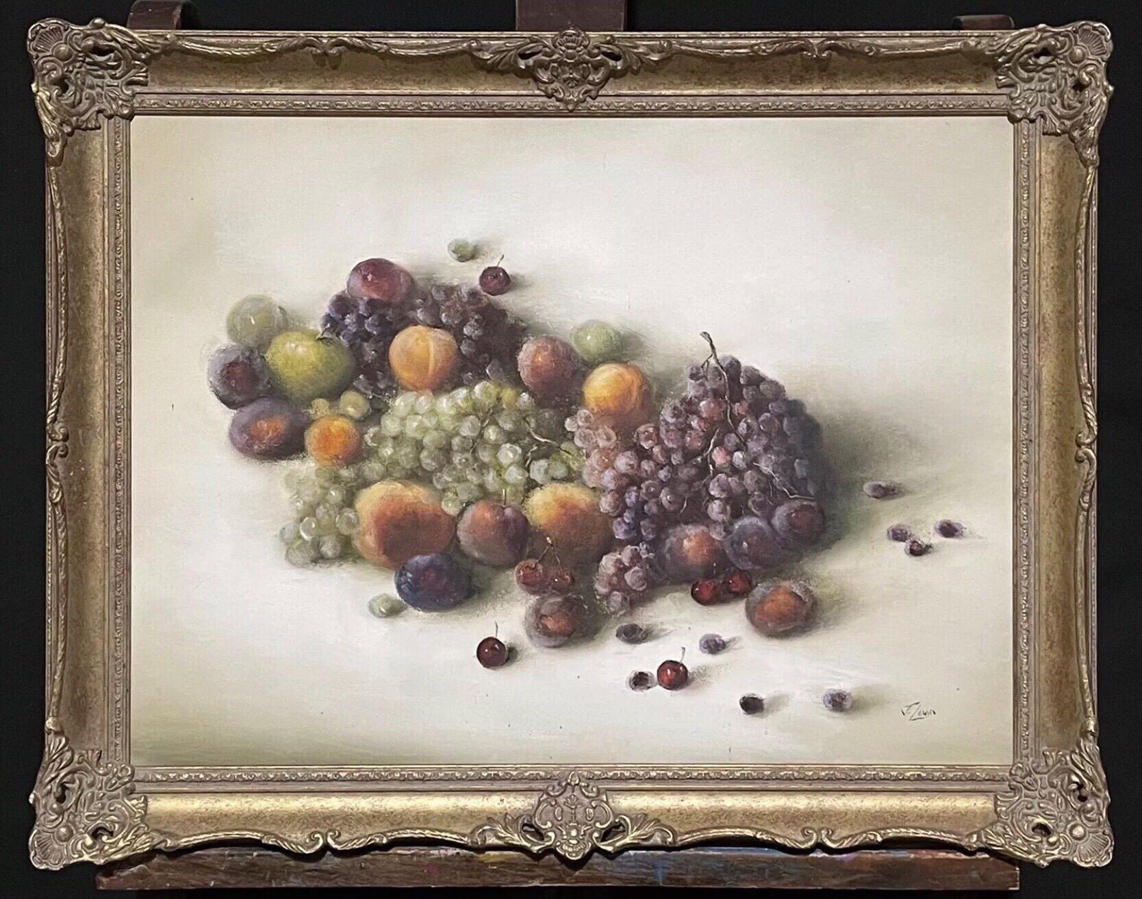 J. Lewin Interior Painting - Large Signed Oil Still Life Fruit - Opulent display grapes peaches cherries