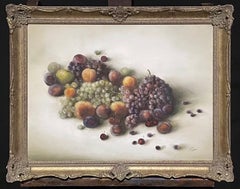 Vintage Large Signed Oil Still Life Fruit - Opulent display grapes peaches cherries