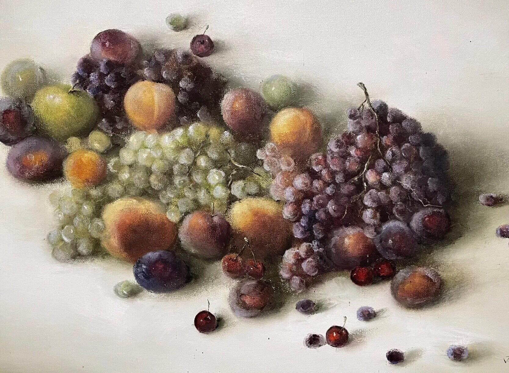 Grande Nature Morte à l'huile signée - Opulente présentation raisins pêches cerises - Marron Interior Painting par J. Lewin