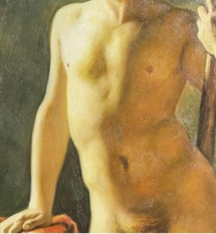 Large Classical Oil Painting - Mythological Male Nude Holding A Staff
