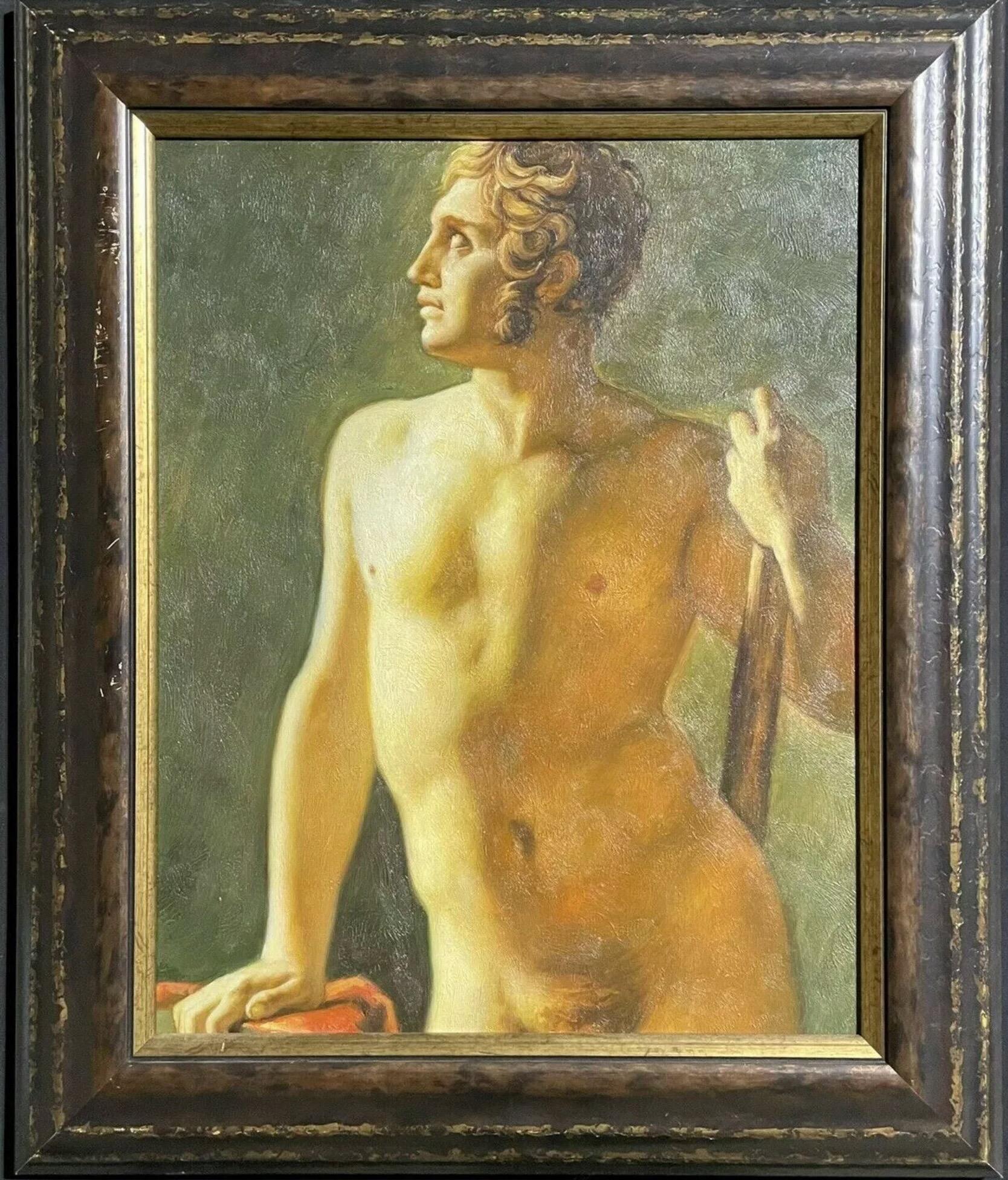 British School Nude Painting - Large Classical Oil Painting - Mythological Male Nude Holding A Staff