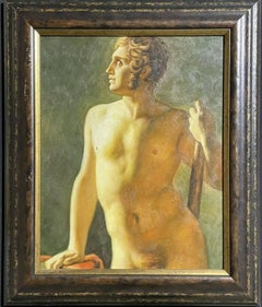 Large Classical Oil Painting - Mythological Male Nude Holding A Staff