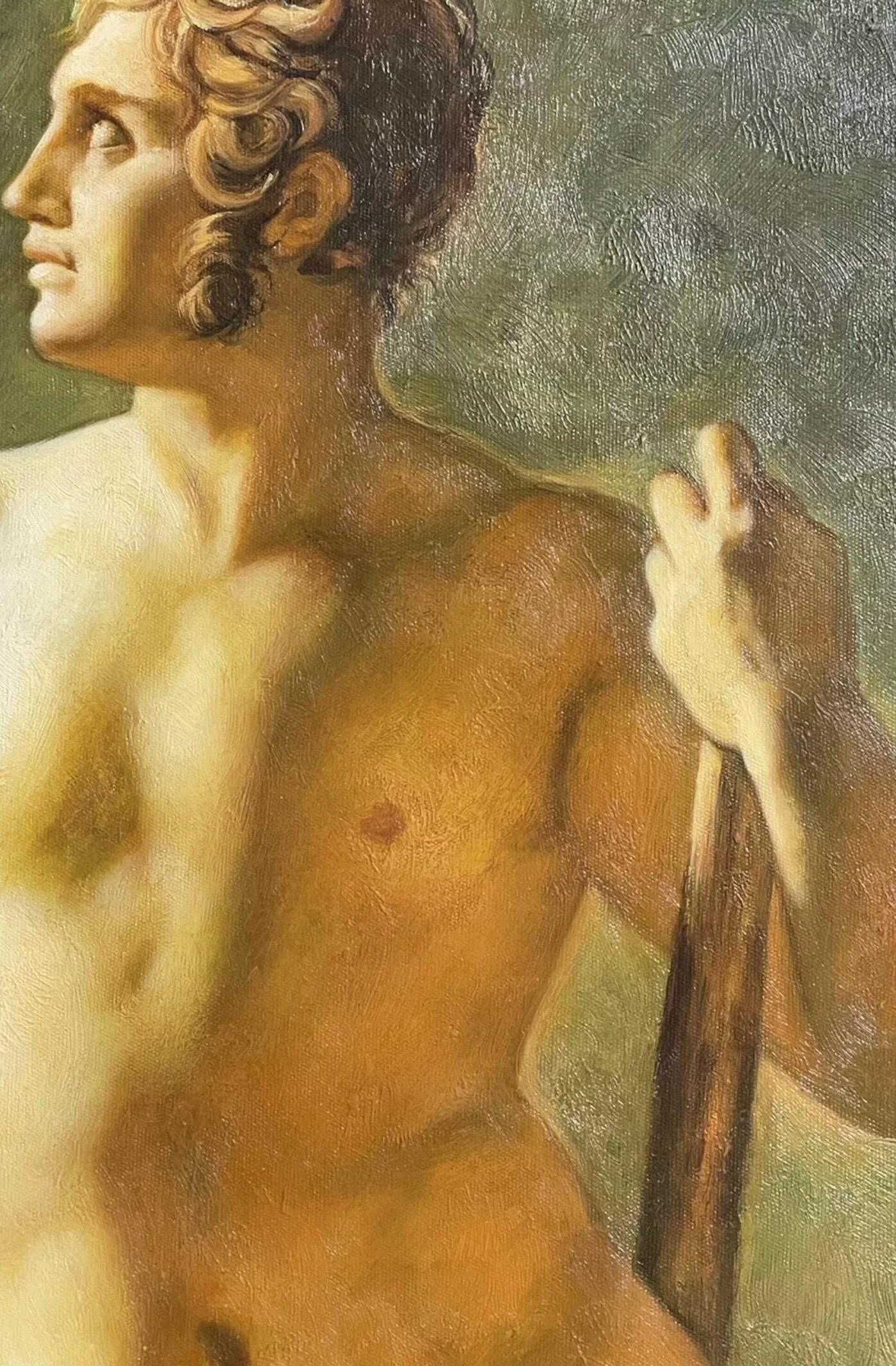 Large Classical Oil Painting - Mythological Male Nude Holding A Staff - Brown Nude Painting by British School