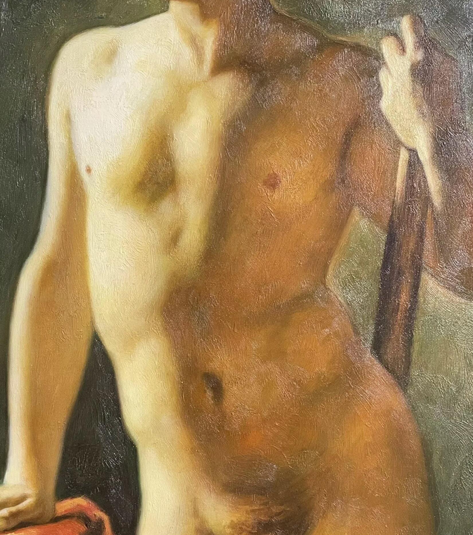 Artist/ School: British School, contemporary

Title: Classical Male Nude holding a staff. 

Medium: oil painting on canvas, framed.

Size:  painting: 20 x 16 inches, frame: 25.75 x 21.75 inches 

Provenance: from a collection in the UK. 

Condition: