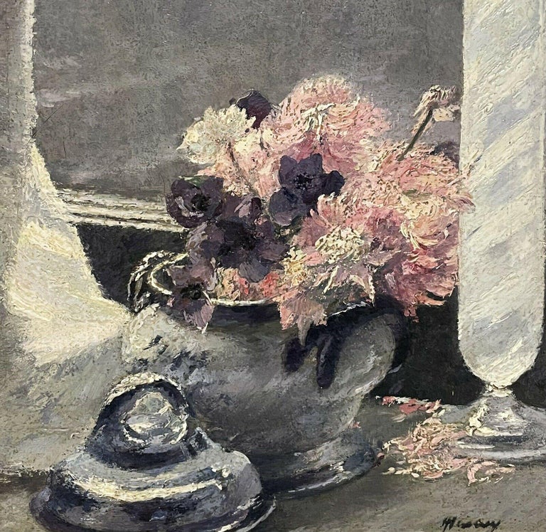 Artist/ School: French School, first half 20th century. Indistinctly signed to the lower corner.

Title: Still Life of Flowers on a window sill, looking outside.

Medium: oil painting on canvas, framed.

Size:  painting: 22 x 15 inches, frame: 29 x