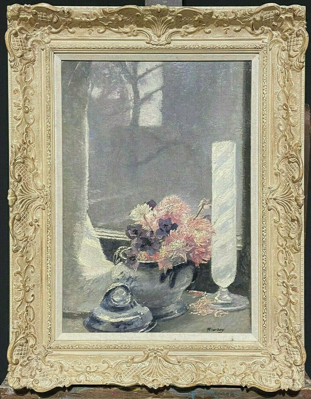 French Impressionist Still-Life Painting - 1930'S FRENCH IMPRESSIONIST SIGNED OIL - BEAUTIFUL FLOWERS ON WINDOW SILL VIEW