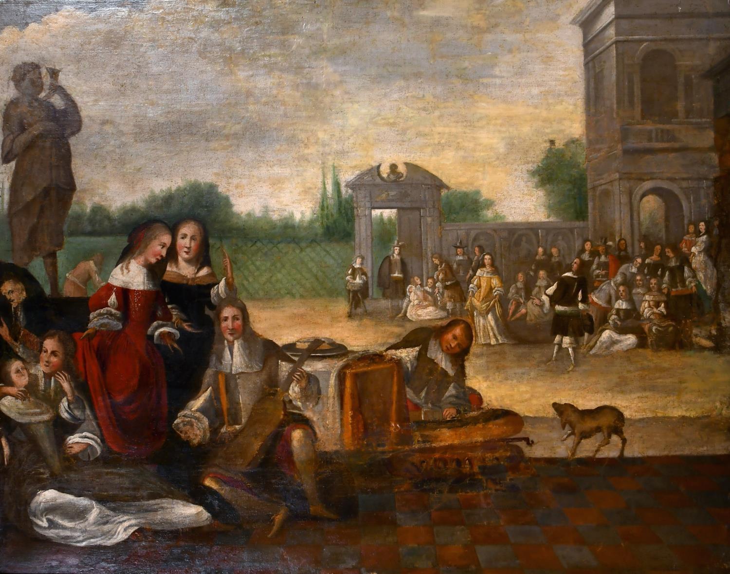 Unknown Figurative Painting - Huge 1700's Dutch Old Master Oil Painting Elegant Court Figures Musical Soiree