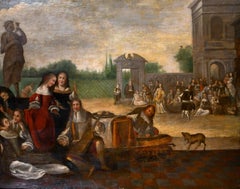 Grande peinture à l'huile hollandaise des années 1700 représentant d'élégantes figures de cour