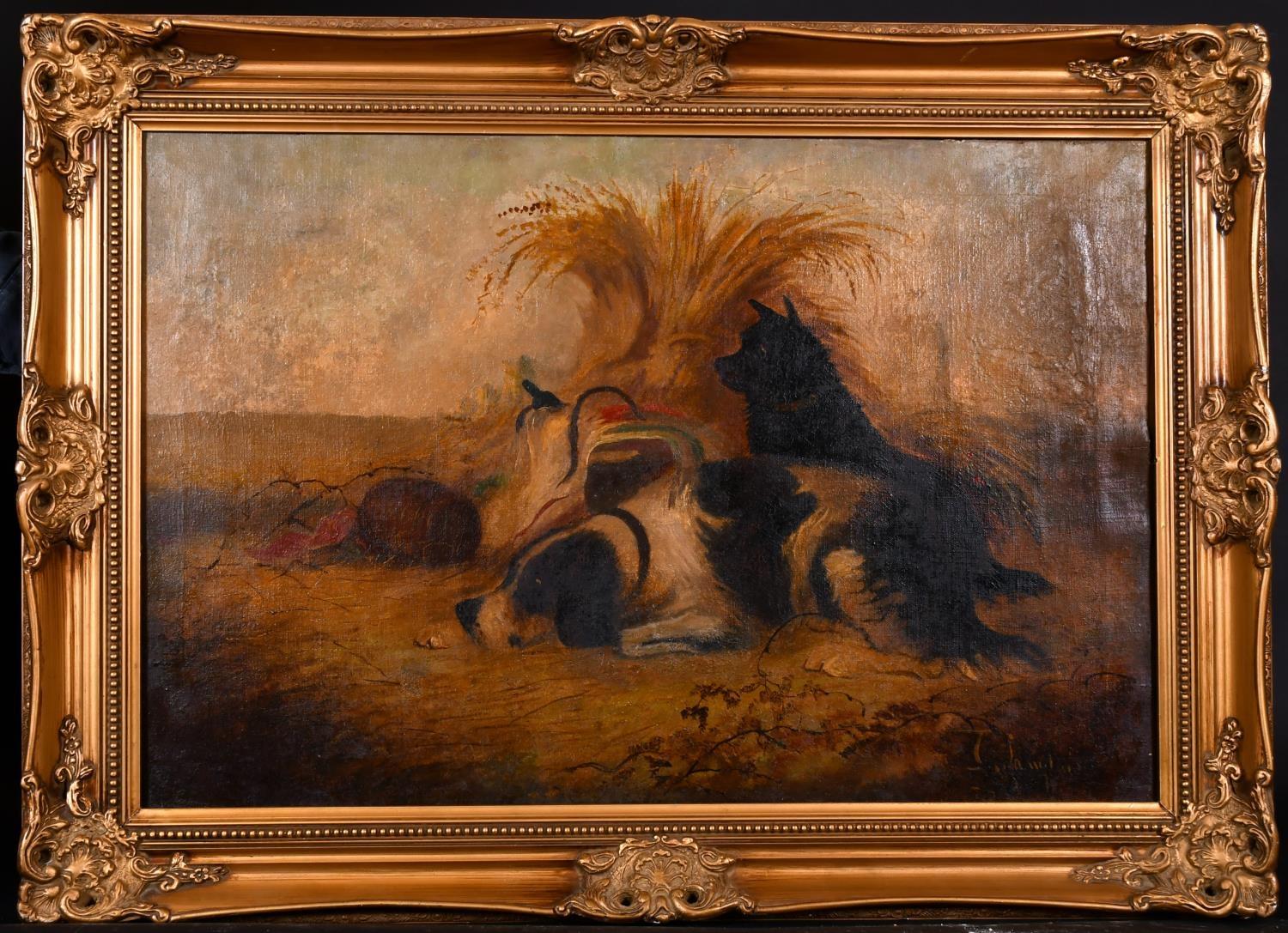 J. LANGLOIS (1855-1904) SIGNED LARGE FRAMED OIL - DOGS RESTING BY PICNIC HAMPER - Painting by J. Langlois