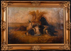 J. LANGLOIS (1855-1904) SIGNED LARGE FRAMED OIL - DOGS RESTING BY PICNIC HAMPER