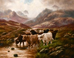 HUGE VICTORIAN SCOTTISH SIGNED OIL PAINTING - CATTLE ROAMING MISTY HIGHLAND GLEN