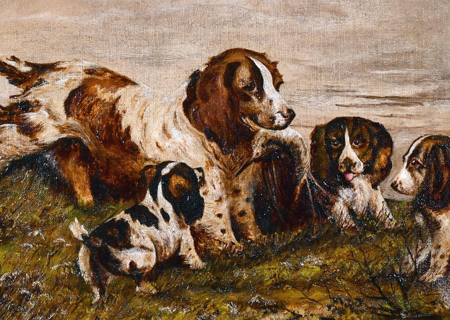 G. Summerville Animal Painting - VICTORIAN SIGNED OIL PAINTING - SPANIEL DOG WITH HER PUPPIES IN LANDSCAPE