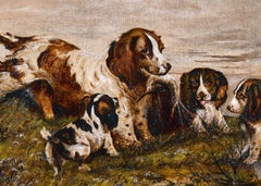 VICTORIAN SIGNED OIL PAINTING - SPANIEL DOG WITH HER PUPPIES IN LANDSCAPE