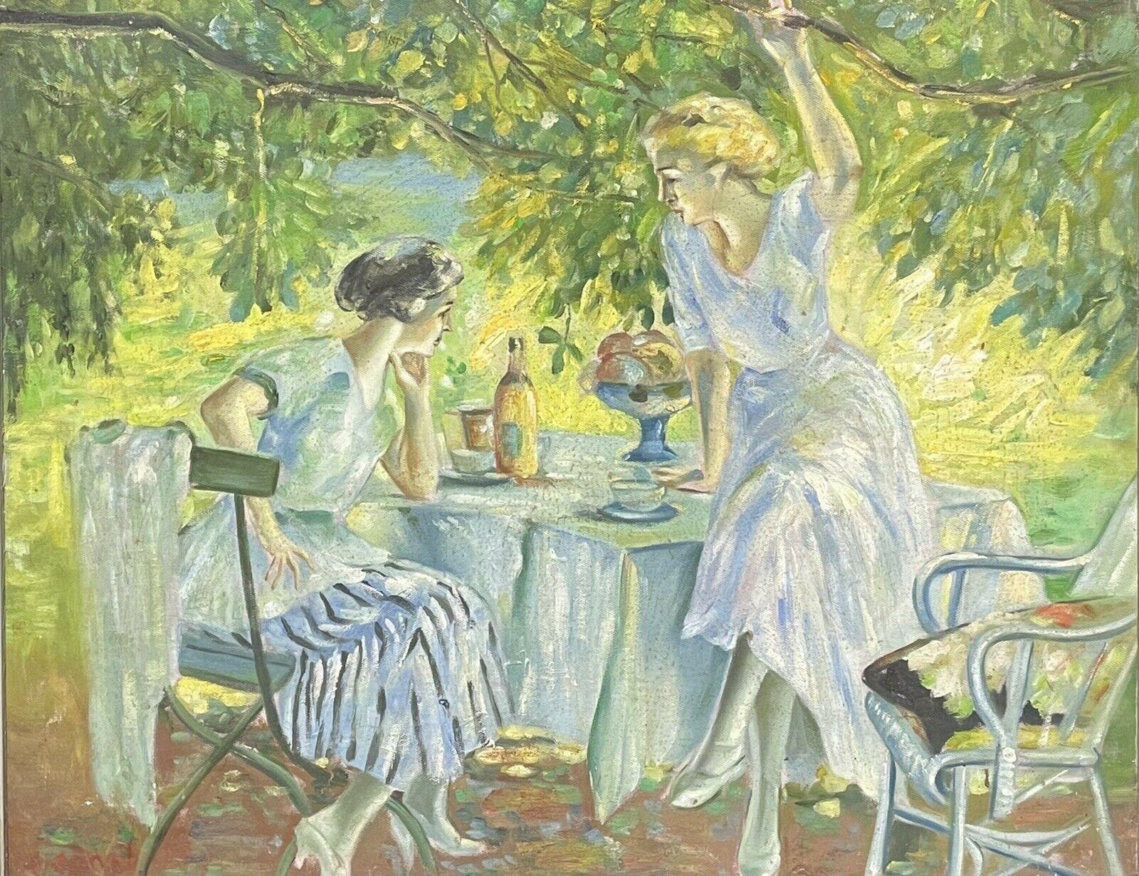 SIGNED FRENCH OIL - ELEGANT ART DECO LADIES ENJOYING PICNIC AT TABLE RIVER BANK - Painting by French impressionist